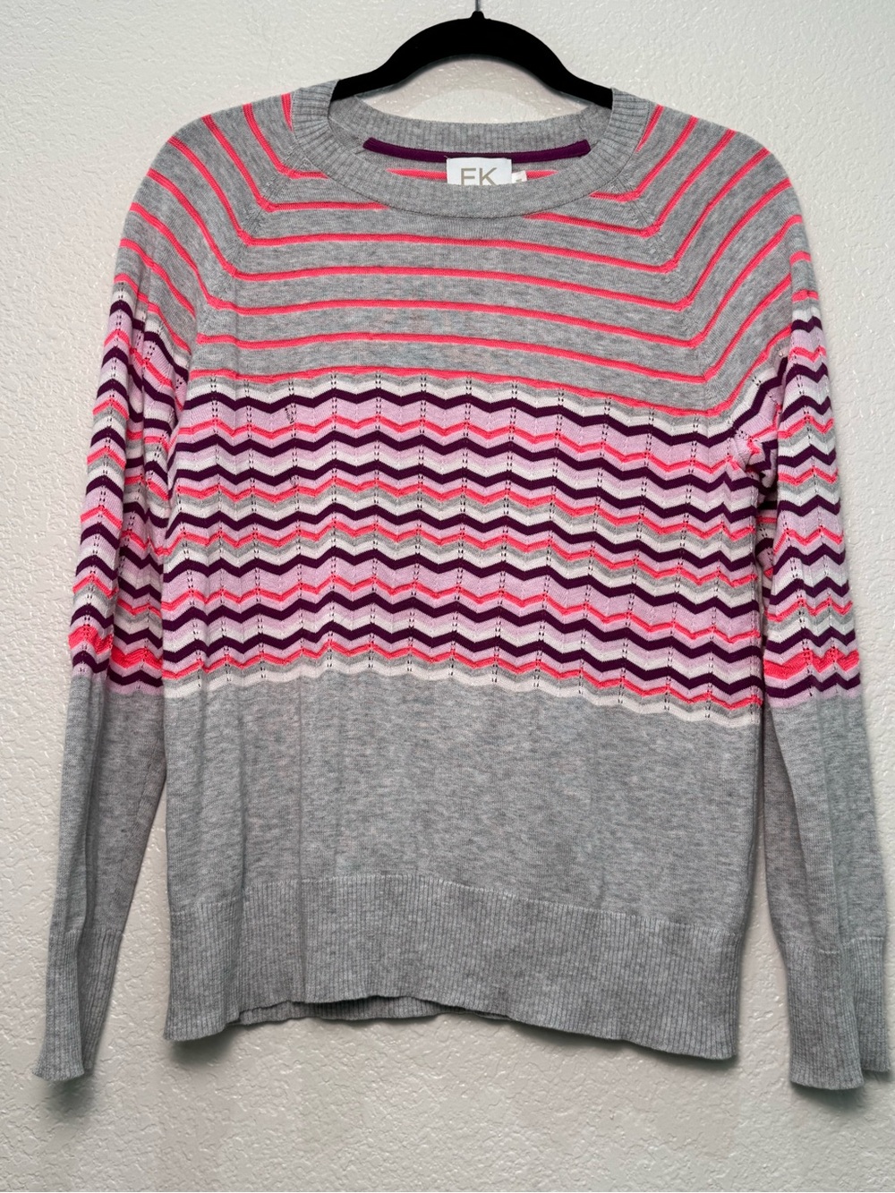 Edinburgh Knitwear Sweater Womens M Pima Cotton Gray Pink Chevron Stripe EK
